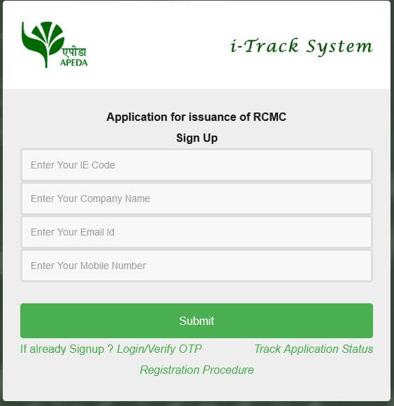Application for issuance of RCMC Sign UP